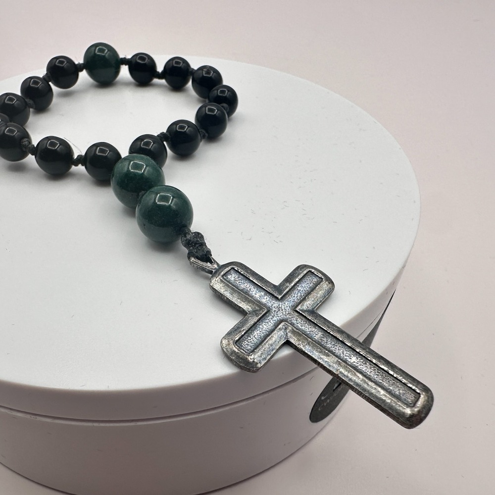 Vintage 90s Glass Beaded Rosary Bracelet with Silver Cross - Boho Jewelry